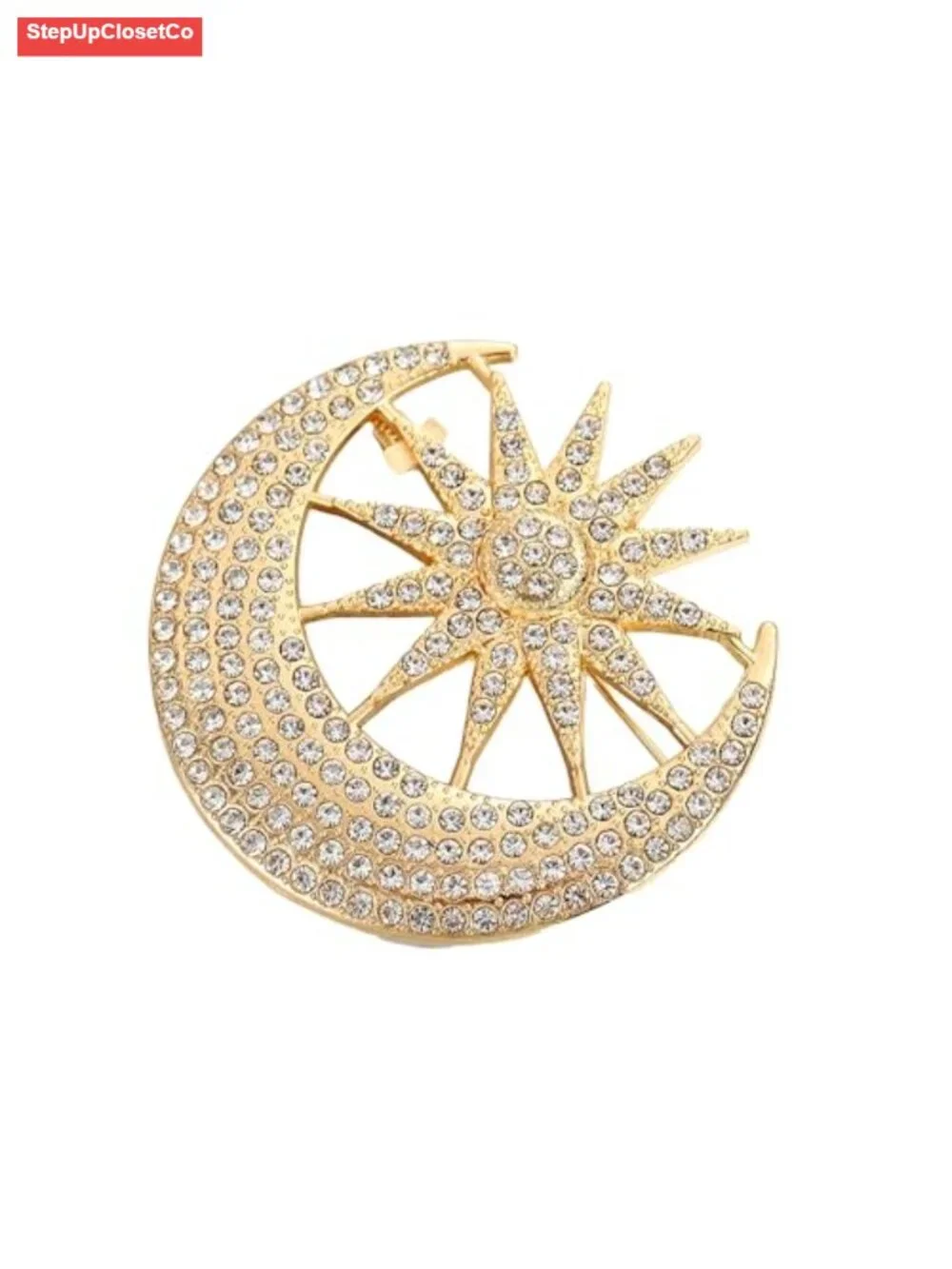 Crystal Rhinestone Sun Moon Brooch Pin Vintage Celestial Sweater Scarf Clip